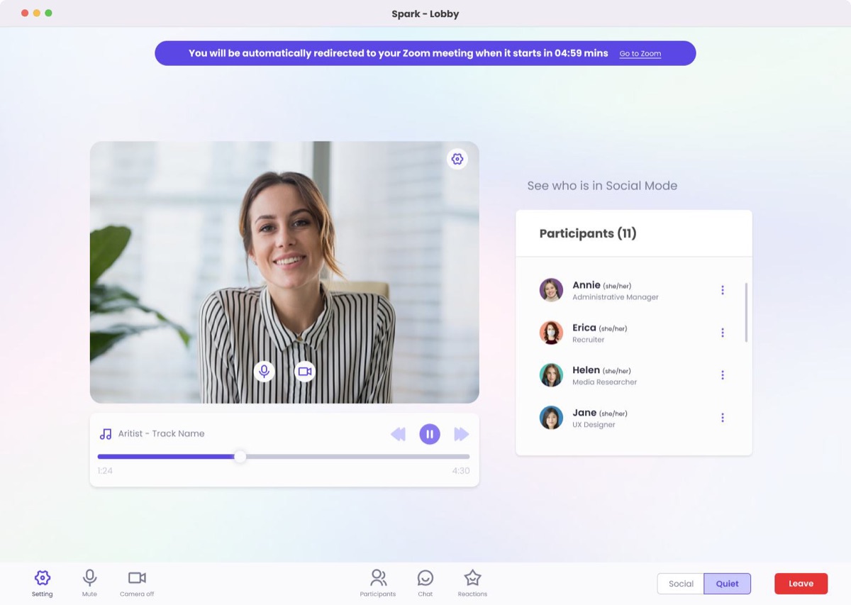 Spark Lobby Quiet Mode — solo camera setup with a list of who's in Social Mode