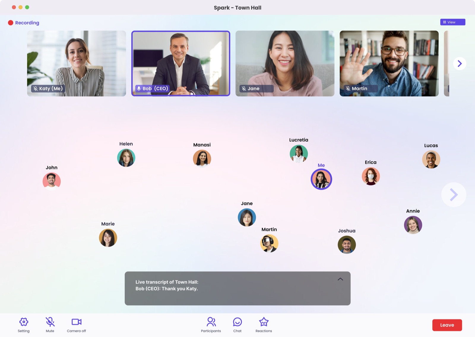 Spark Town Hall during an event — avatar bubbles, reactions and a live transcript